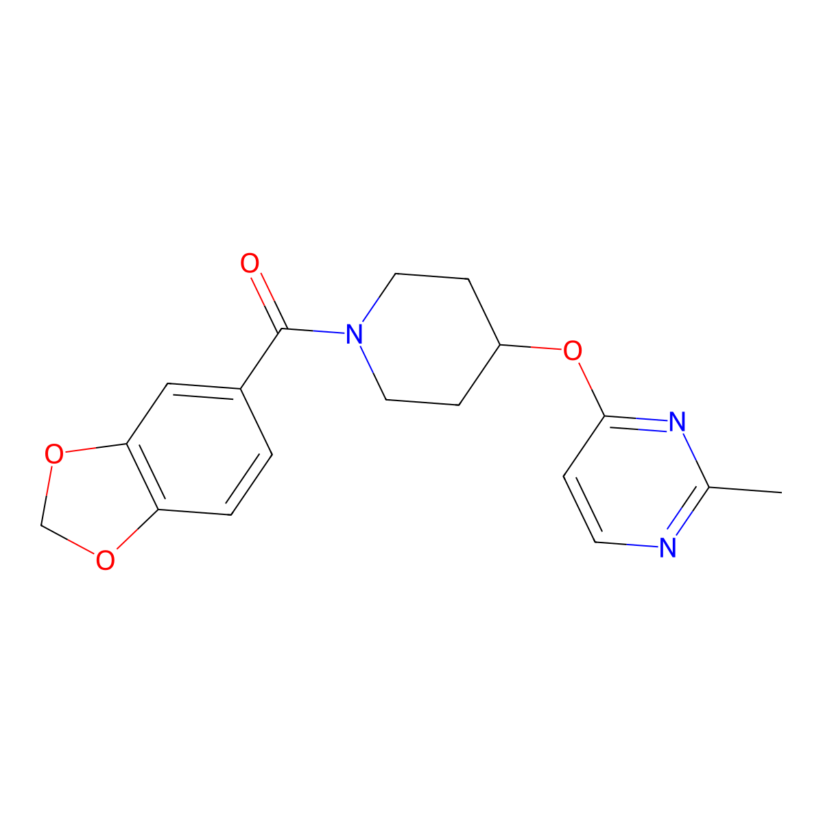 Benzo[d][1,3]dioxol-5-yl(4-((2-methylpyrimidin-4-yl)oxy)piperidin-1-yl)methanone molecular structure, CAS 2097887-90-4