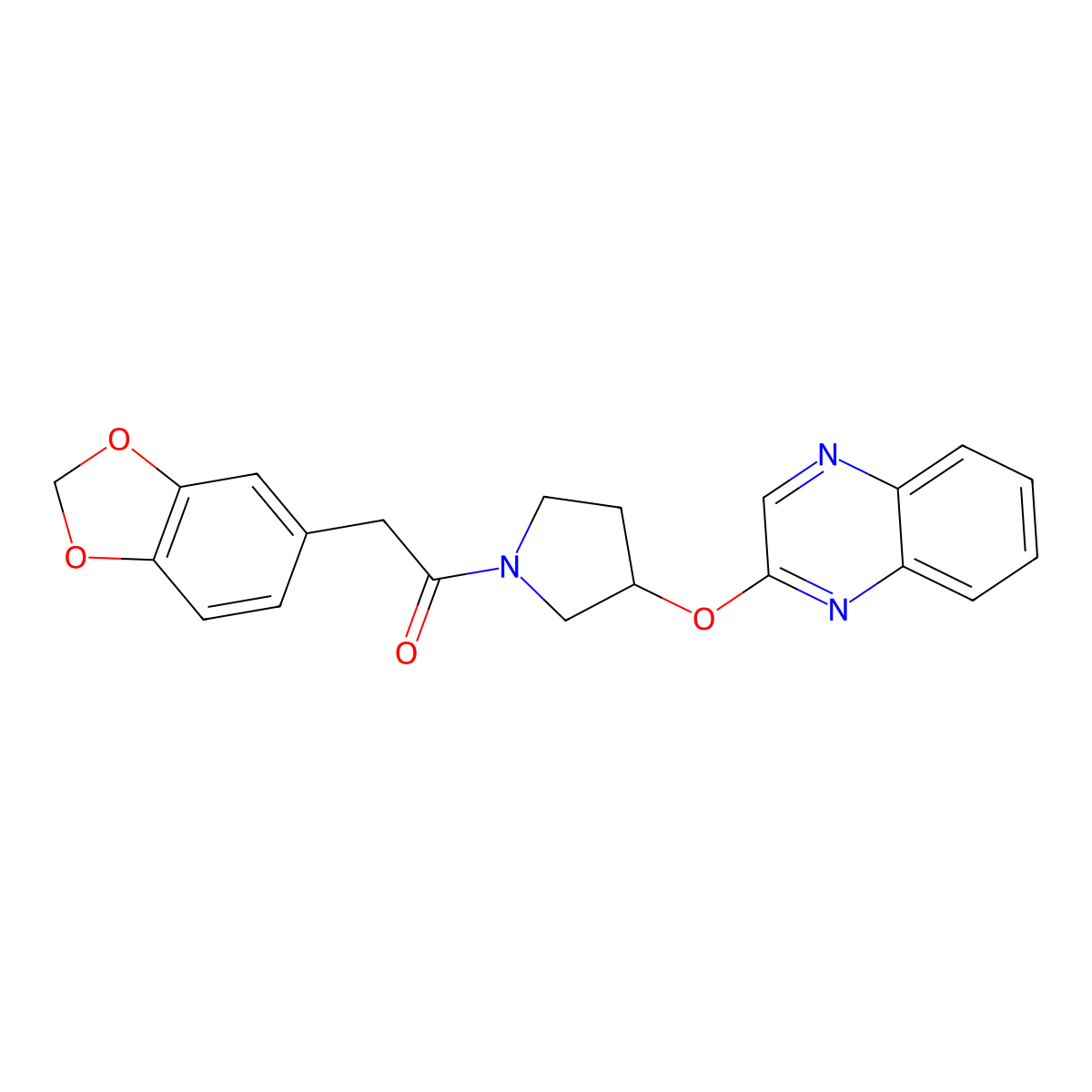 2-(2H-1,3-benzodioxol-5-yl)-1-[3-(quinoxalin-2-yloxy)pyrrolidin-1-yl]ethan-1-one molecular structure, CAS 2097887-99-3