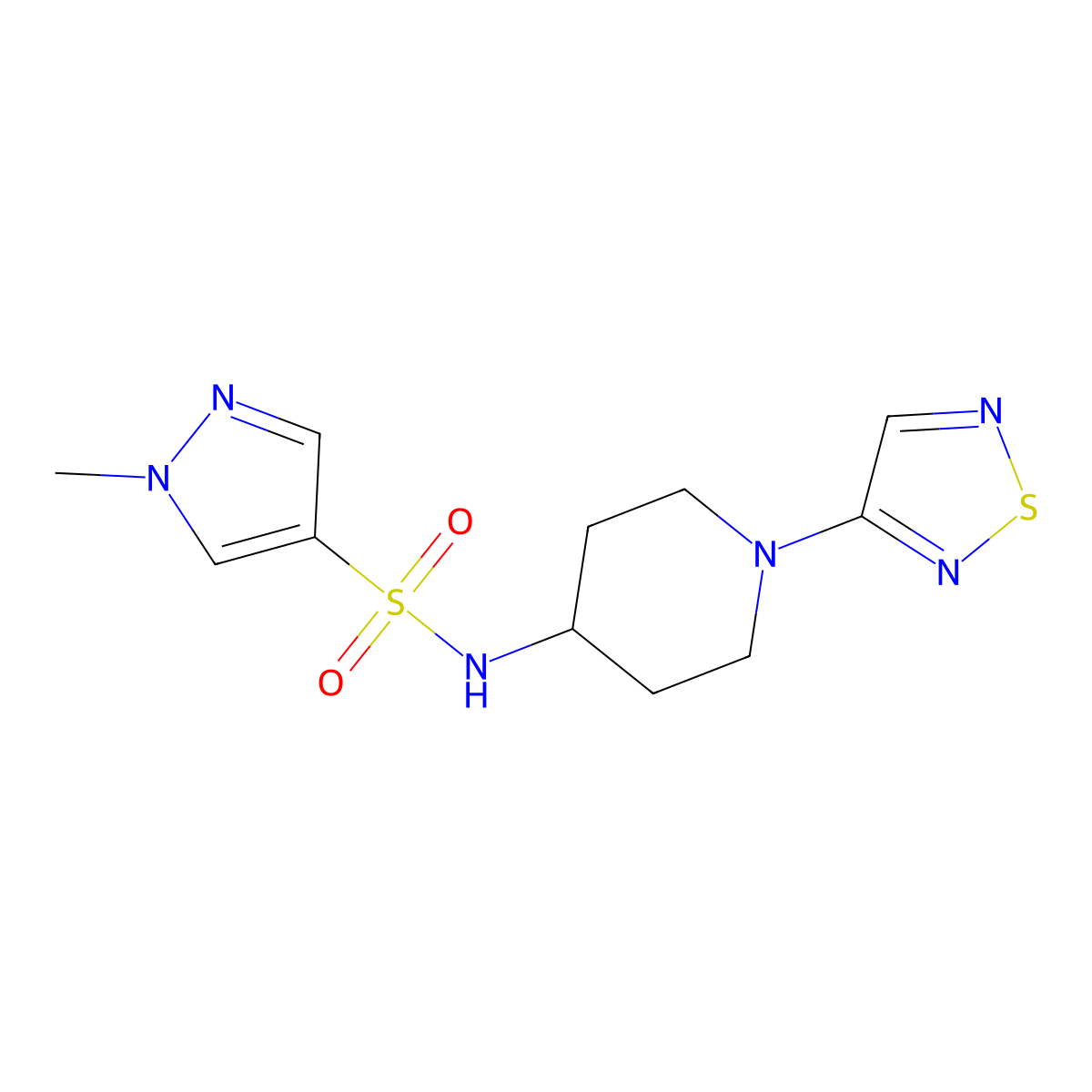 1-methyl-N-[1-(1,2,5-thiadiazol-3-yl)piperidin-4-yl]-1H-pyrazole-4-sulfonamide molecular structure, CAS 2097888-00-9