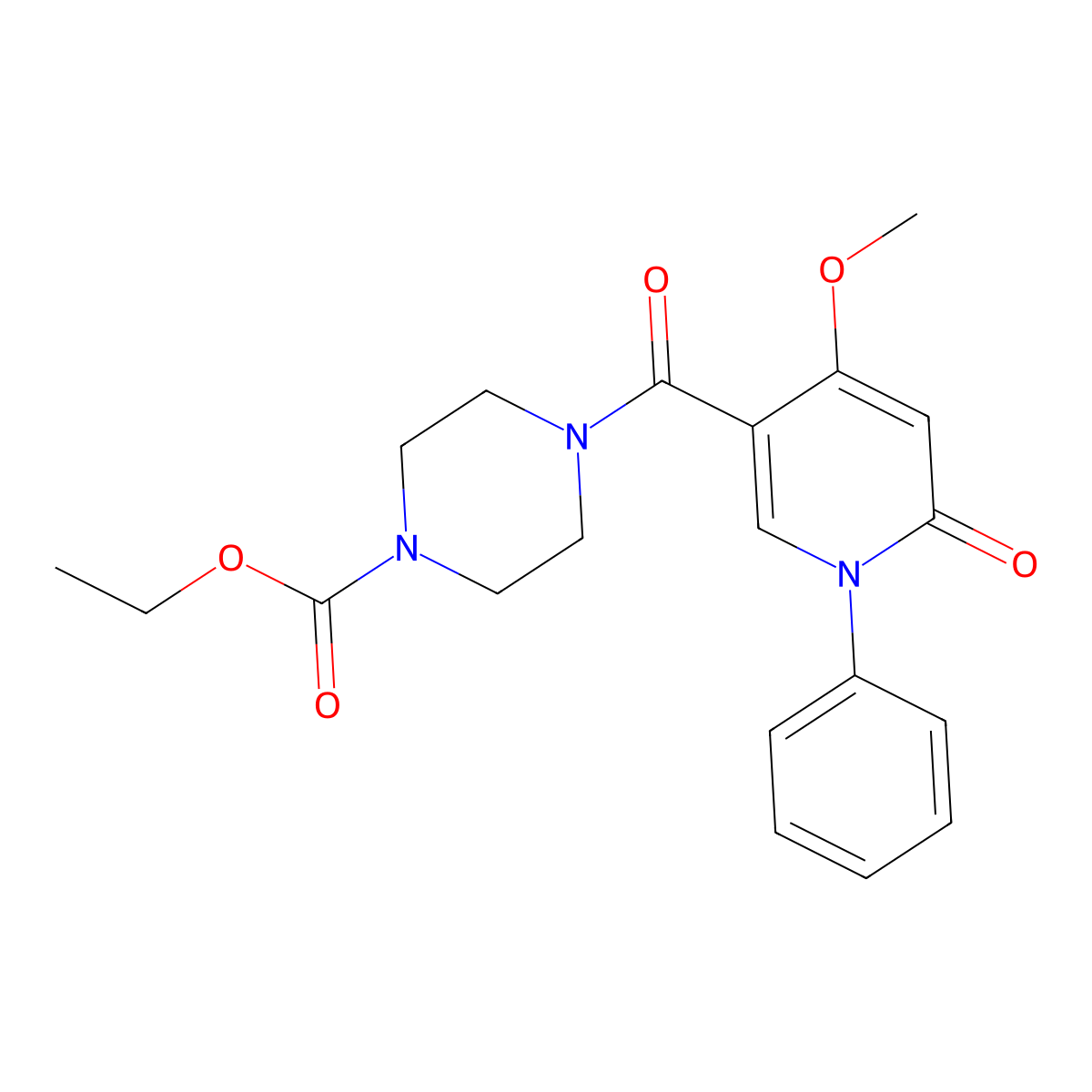 Ethyl 4-(4-methoxy-6-oxo-1-phenyl-1,6-dihydropyridine-3-carbonyl)piperazine-1-carboxylate molecular structure, CAS 2097888-17-8