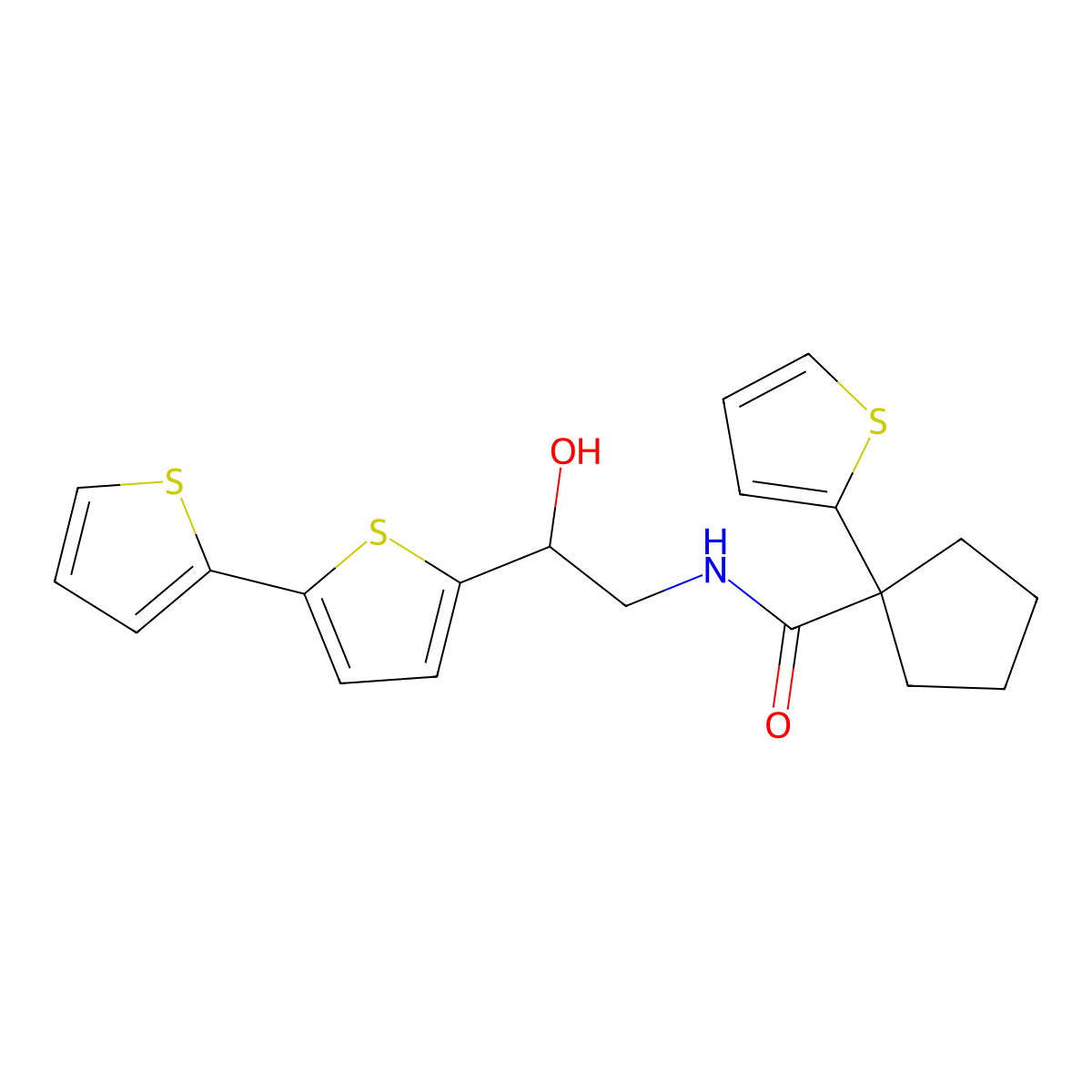 N-(2-{[2,2'-bithiophene]-5-yl}-2-hydroxyethyl)-1-(thiophen-2-yl)cyclopentane-1-carboxamide molecular structure, CAS 2097888-27-0