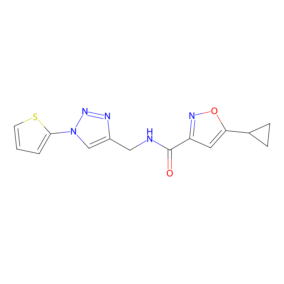 5-cyclopropyl-N-{[1-(thiophen-2-yl)-1H-1,2,3-triazol-4-yl]methyl}-1,2-oxazole-3-carboxamide molecular structure, CAS 2097888-28-1