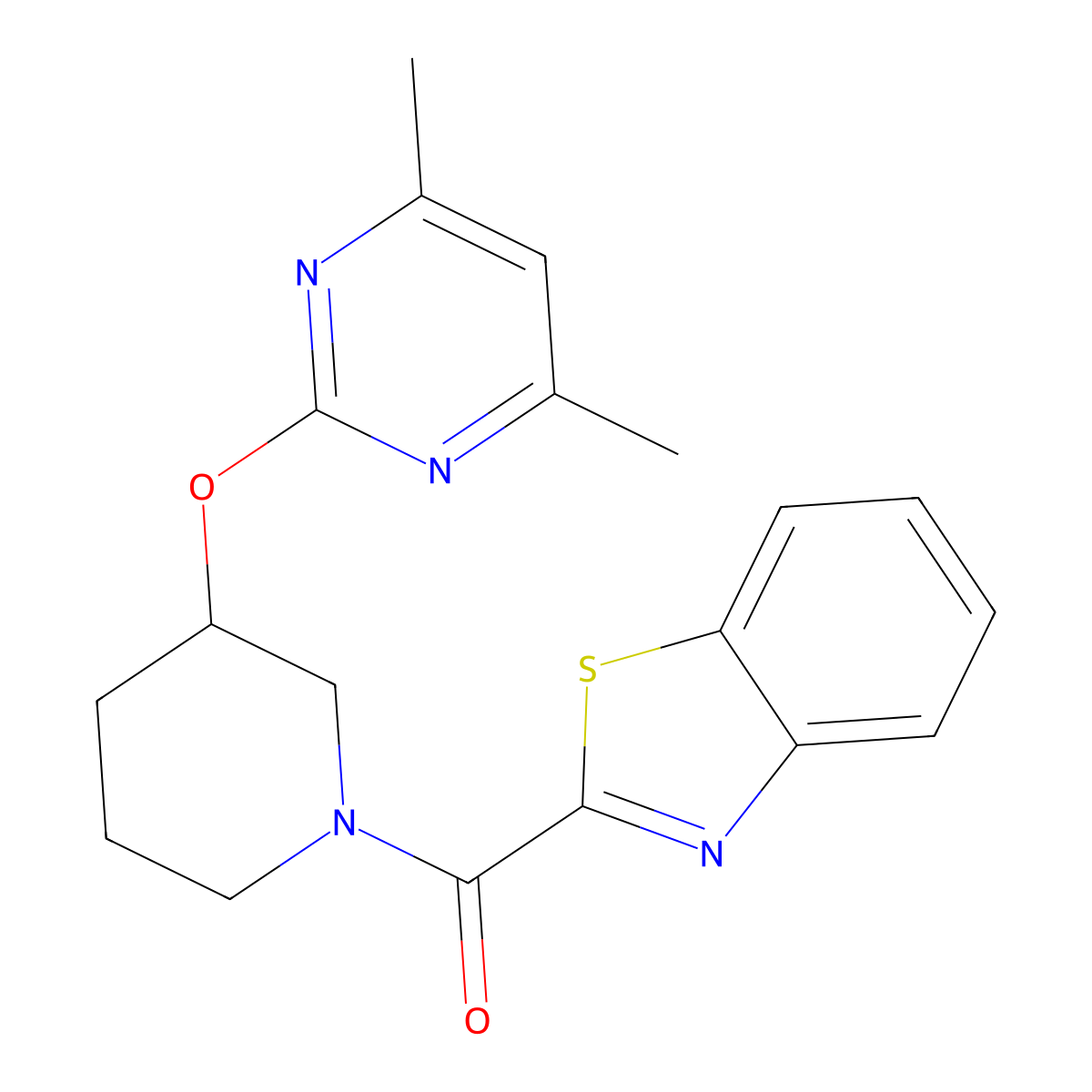 Benzo[d]thiazol-2-yl(3-((4,6-dimethylpyrimidin-2-yl)oxy)piperidin-1-yl)methanone molecular structure, CAS 2097888-43-0