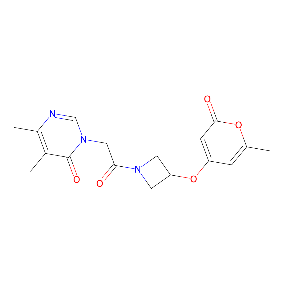 5,6-dimethyl-3-(2-(3-((6-methyl-2-oxo-2H-pyran-4-yl)oxy)azetidin-1-yl)-2-oxoethyl)pyrimidin-4(3H)-one molecular structure, CAS 2097888-55-4