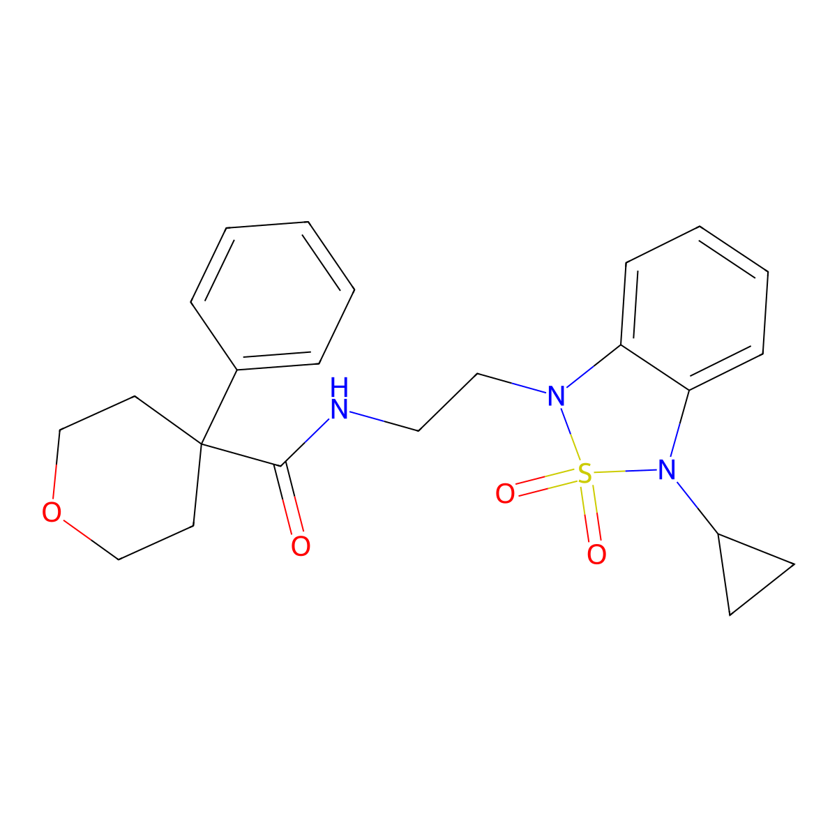N-[2-(3-cyclopropyl-2,2-dioxo-1,3-dihydro-2lambda6,1,3-benzothiadiazol-1-yl)ethyl]-4-phenyloxane-4-carboxamide molecular structure, CAS 2097888-59-8