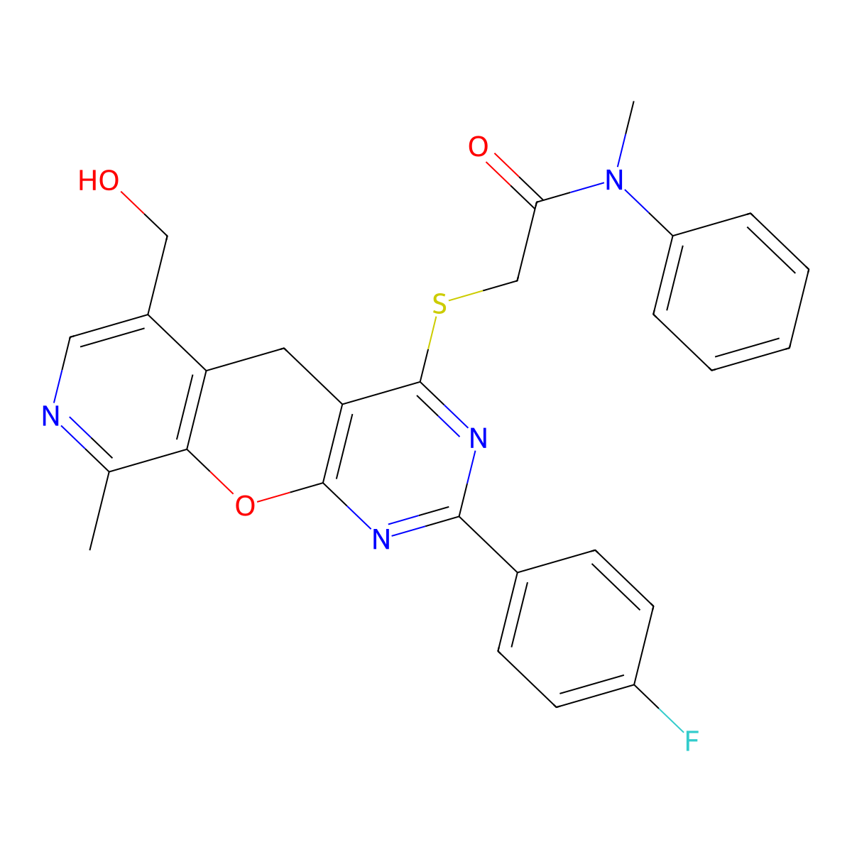 2-{[5-(4-fluorophenyl)-11-(hydroxymethyl)-14-methyl-2-oxa-4,6,13-triazatricyclo[8.4.0.0^{3,8}]tetradeca-1(10),3(8),4,6,11,13-hexaen-7-yl]sulfanyl}-N-methyl-N-phenylacetamide molecular structure, CAS 2097888-71-4