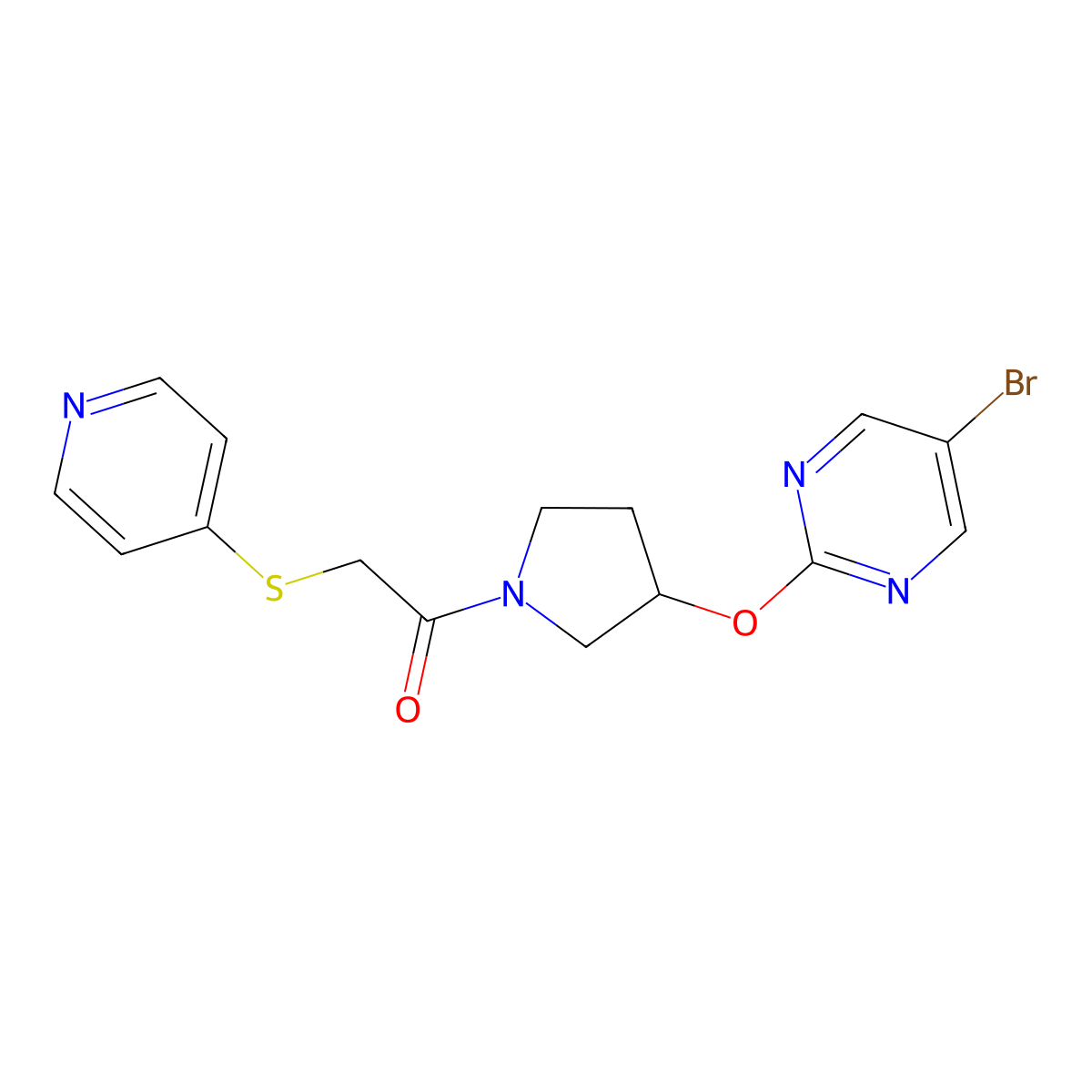 1-{3-[(5-Bromopyrimidin-2-yl)oxy]pyrrolidin-1-yl}-2-(pyridin-4-ylsulfanyl)ethan-1-one molecular structure, CAS 2097888-84-9
