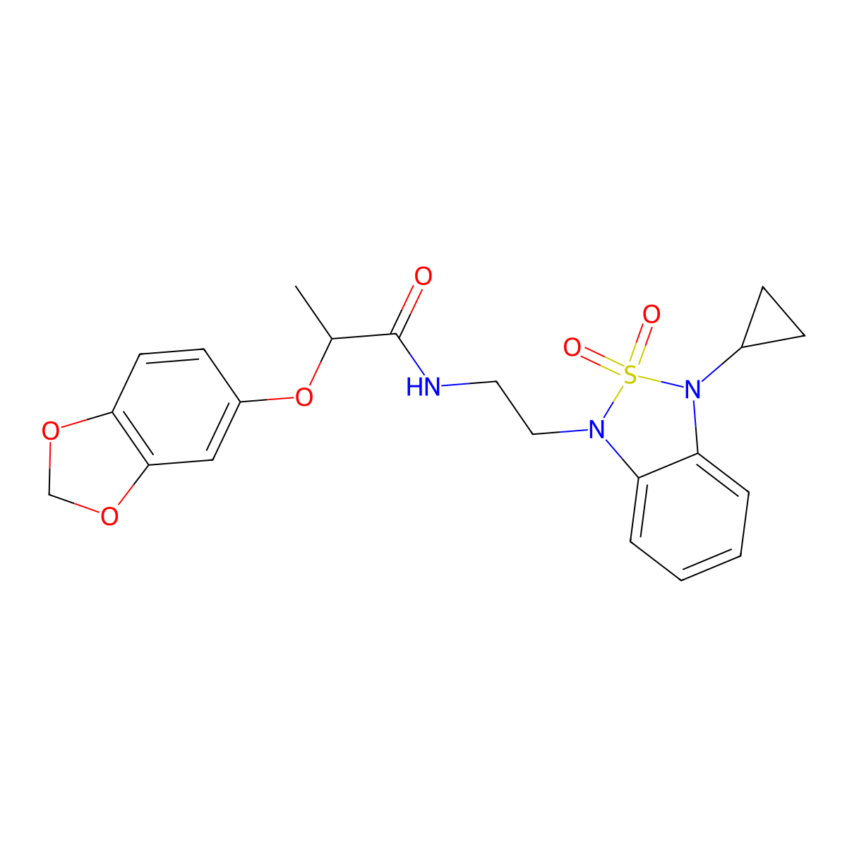 2-(2H-1,3-benzodioxol-5-yloxy)-N-[2-(3-cyclopropyl-2,2-dioxo-1,3-dihydro-2lambda6,1,3-benzothiadiazol-1-yl)ethyl]propanamide molecular structure, CAS 2097888-94-1
