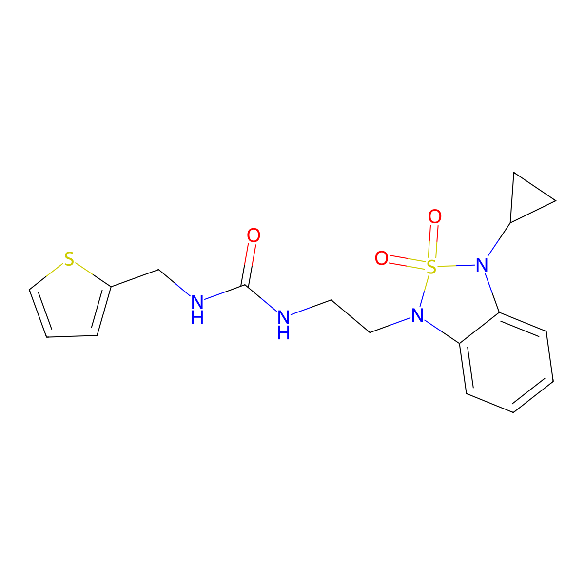 3-[2-(3-Cyclopropyl-2,2-dioxo-1,3-dihydro-2lambda6,1,3-benzothiadiazol-1-yl)ethyl]-1-[(thiophen-2-yl)methyl]urea molecular structure, CAS 2097888-96-3