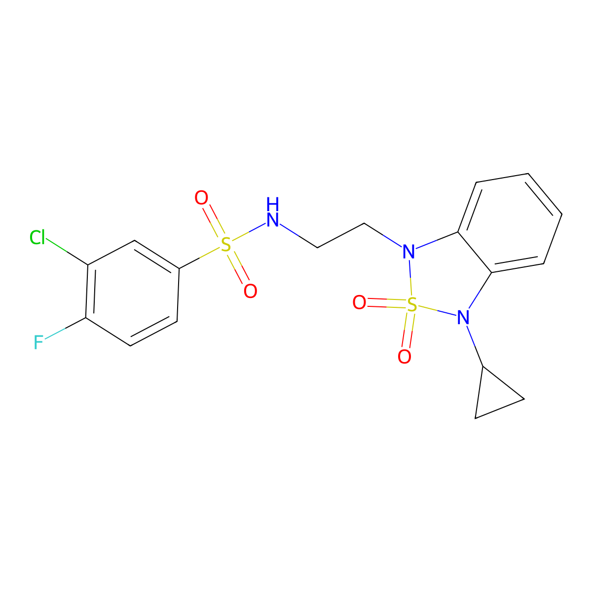 3-chloro-N-[2-(3-cyclopropyl-2,2-dioxo-1,3-dihydro-2lambda6,1,3-benzothiadiazol-1-yl)ethyl]-4-fluorobenzene-1-sulfonamide molecular structure, CAS 2097889-05-7