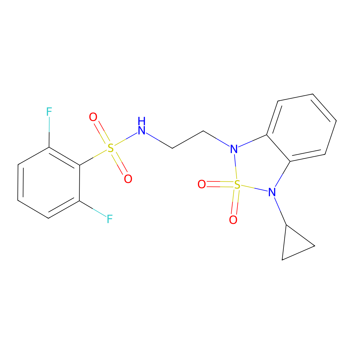N-[2-(3-cyclopropyl-2,2-dioxo-1,3-dihydro-2lambda6,1,3-benzothiadiazol-1-yl)ethyl]-2,6-difluorobenzene-1-sulfonamide molecular structure, CAS 2097889-09-1