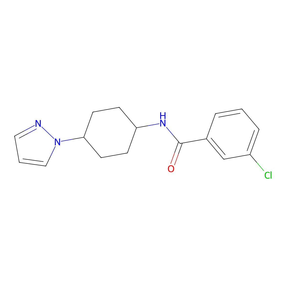 3-chloro-N-[4-(1H-pyrazol-1-yl)cyclohexyl]benzamide molecular structure, CAS 2097889-35-3