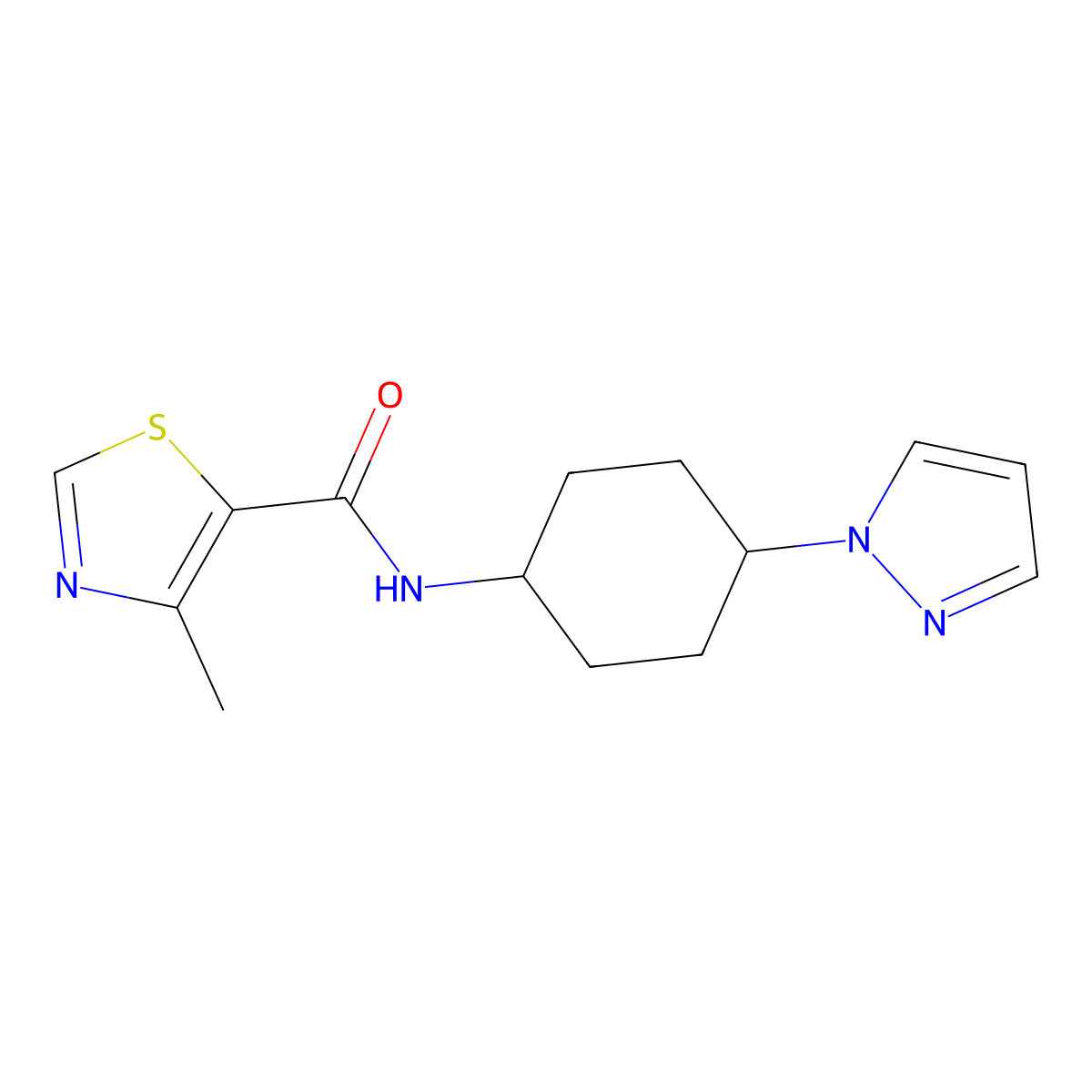 4-methyl-N-[4-(1H-pyrazol-1-yl)cyclohexyl]-1,3-thiazole-5-carboxamide molecular structure, CAS 2097889-38-6