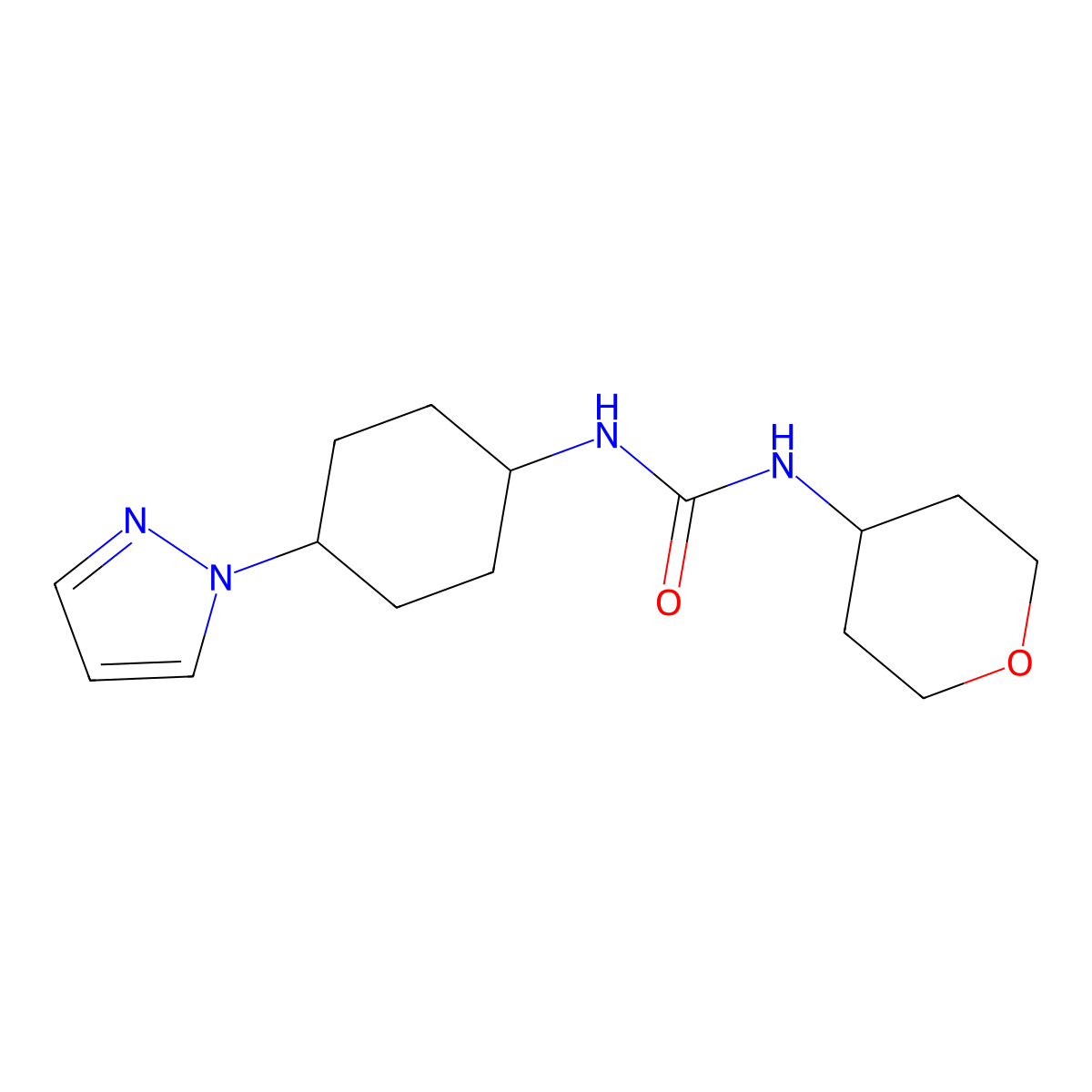 1-(oxan-4-yl)-3-[4-(1H-pyrazol-1-yl)cyclohexyl]urea molecular structure, CAS 2097889-41-1