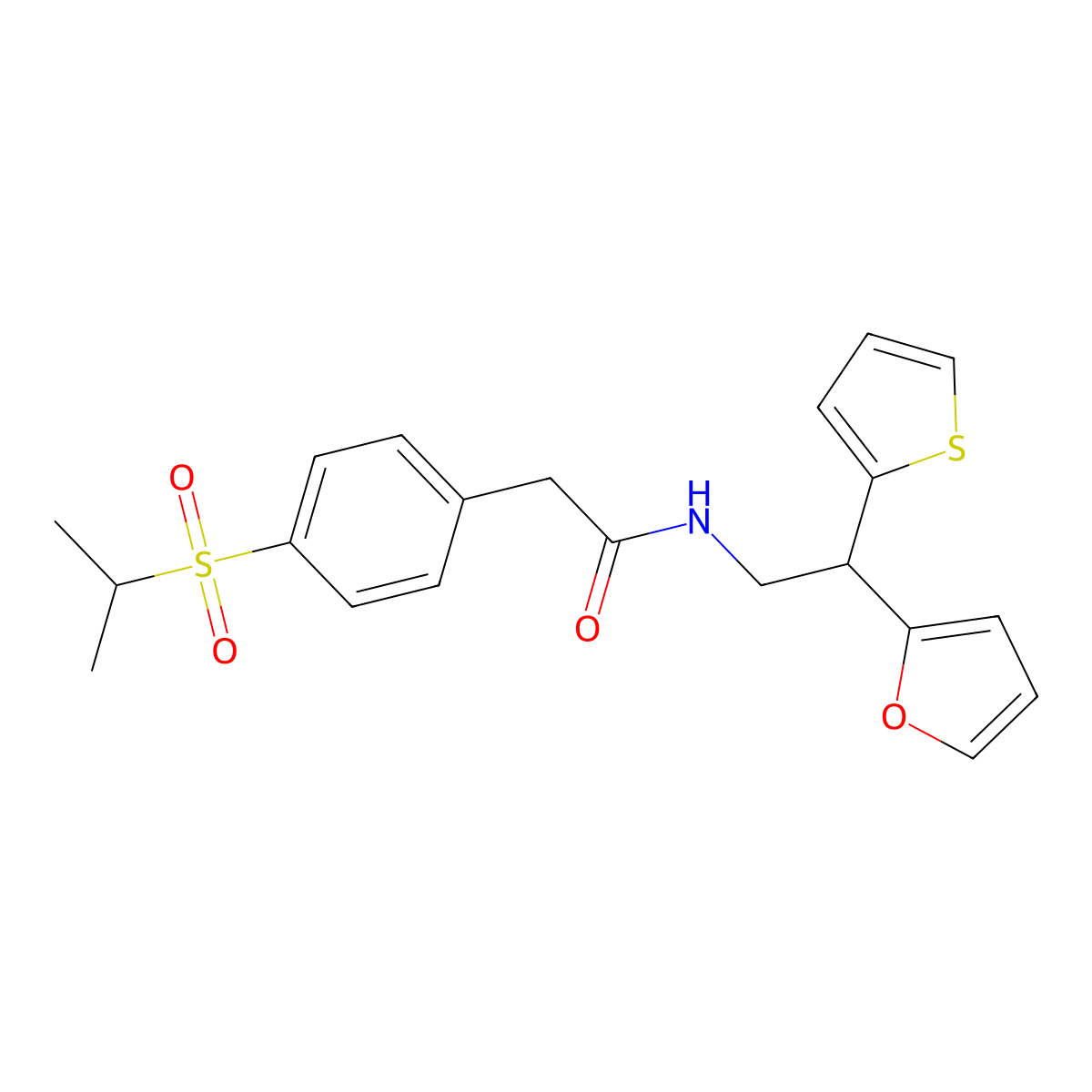 N-[2-(furan-2-yl)-2-(thiophen-2-yl)ethyl]-2-[4-(propane-2-sulfonyl)phenyl]acetamide molecular structure, CAS 2097889-67-1