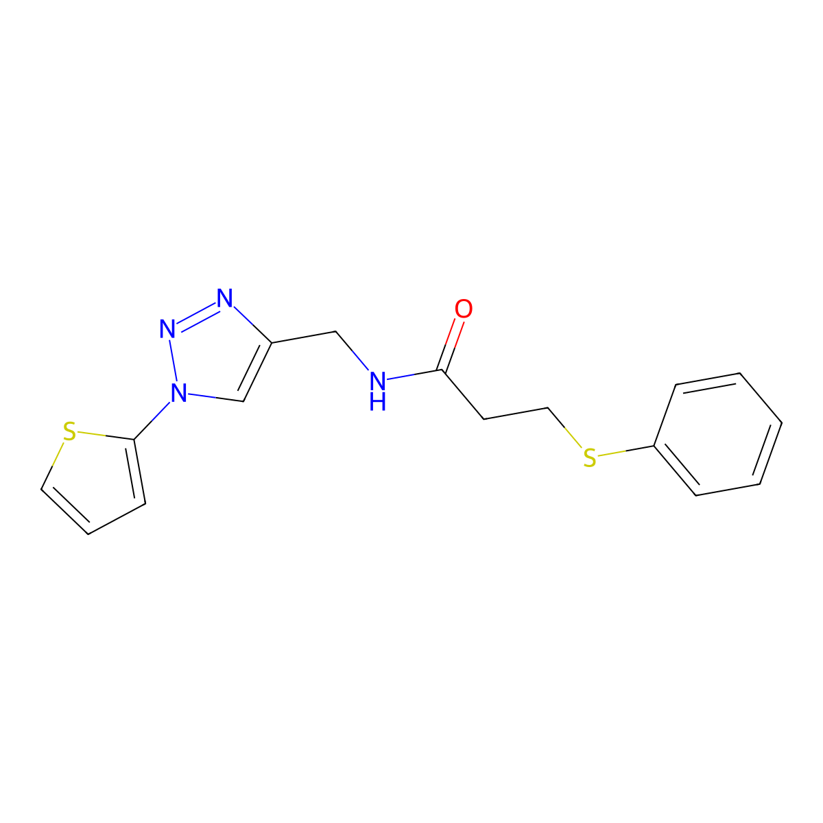 3-(phenylsulfanyl)-N-{[1-(thiophen-2-yl)-1H-1,2,3-triazol-4-yl]methyl}propanamide molecular structure, CAS 2097889-74-0