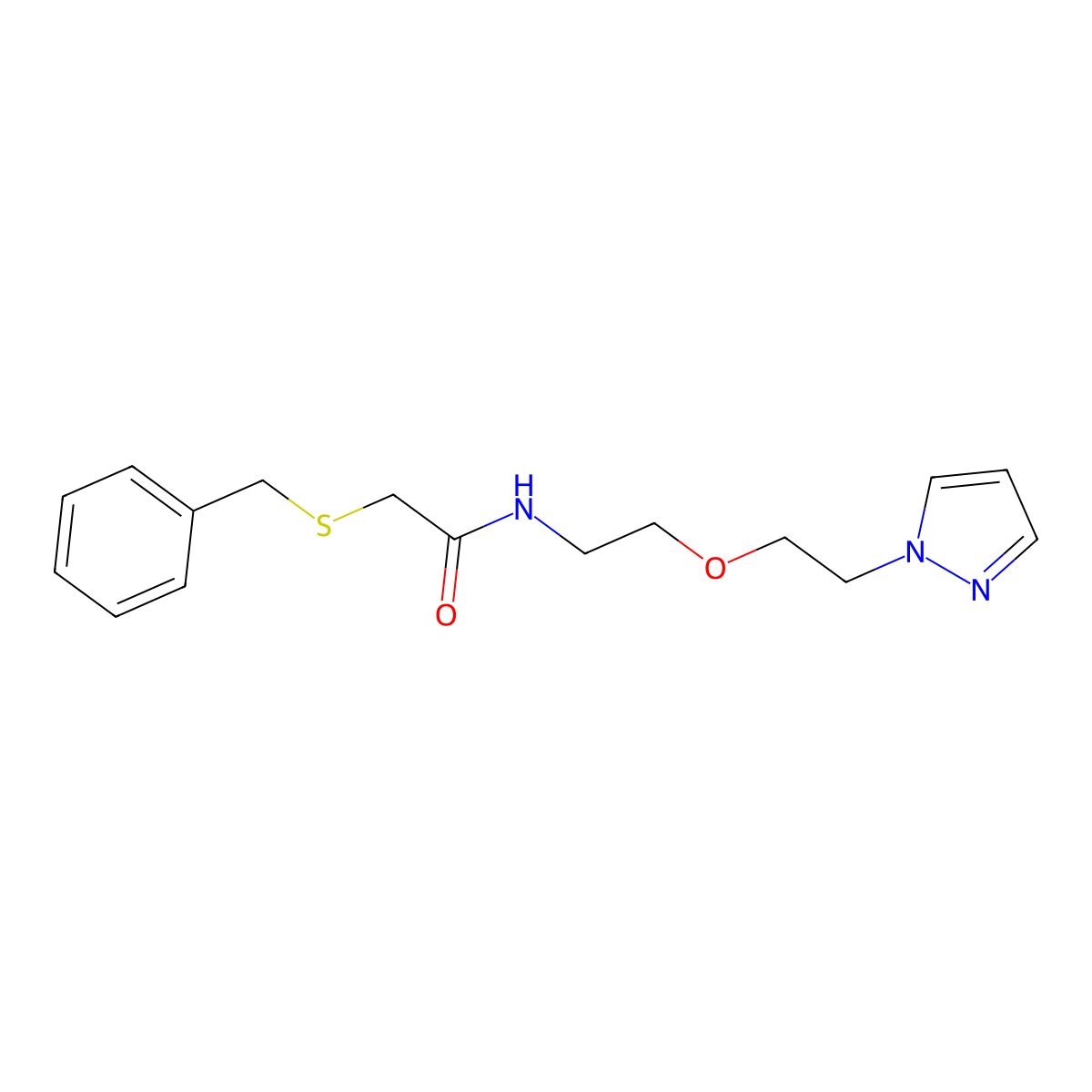 2-(benzylsulfanyl)-N-{2-[2-(1H-pyrazol-1-yl)ethoxy]ethyl}acetamide molecular structure, CAS 2097889-83-1