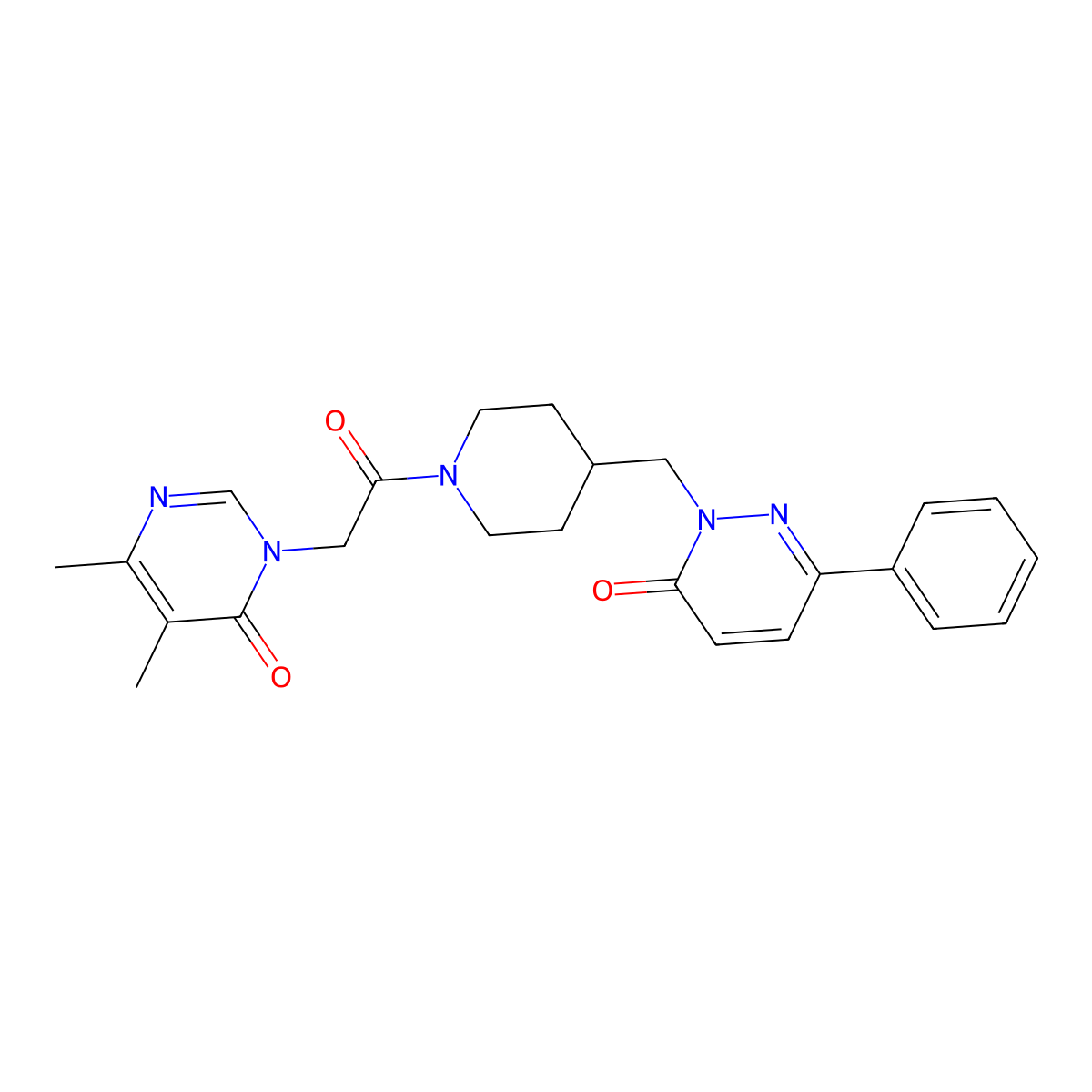 5,6-Dimethyl-3-(2-oxo-2-{4-[(6-oxo-3-phenyl-1,6-dihydropyridazin-1-yl)methyl]piperidin-1-yl}ethyl)-3,4-dihydropyrimidin-4-one molecular structure, CAS 2097889-84-2