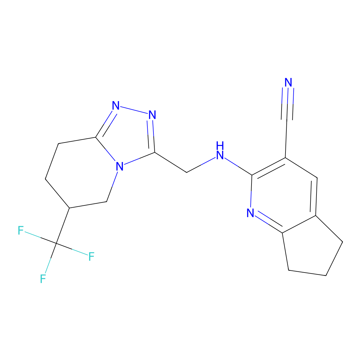 2-({[6-(trifluoromethyl)-5H,6H,7H,8H-[1,2,4]triazolo[4,3-a]pyridin-3-yl]methyl}amino)-5H,6H,7H-cyclopenta[b]pyridine-3-carbonitrile molecular structure, CAS 2097889-90-0