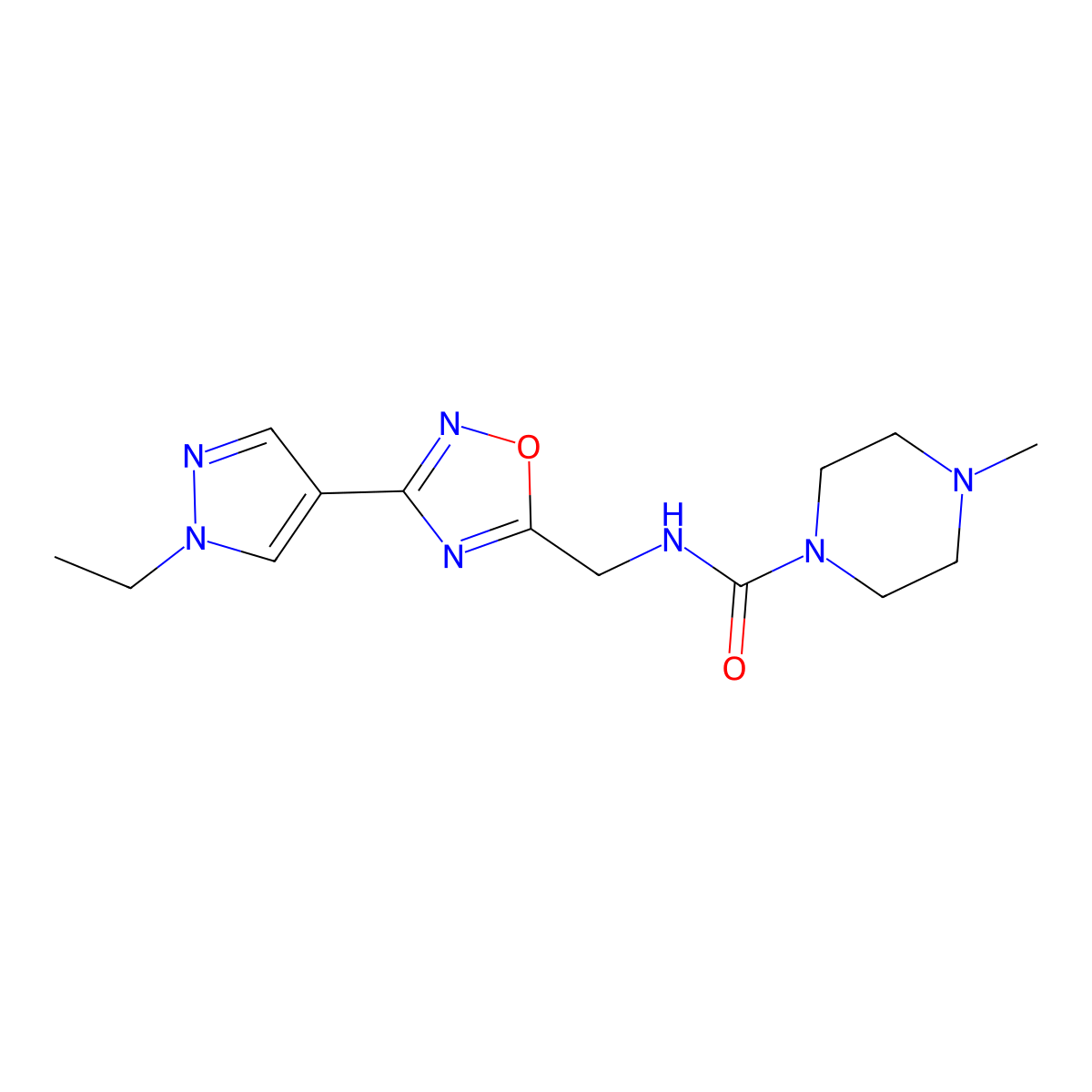 N-{[3-(1-ethyl-1H-pyrazol-4-yl)-1,2,4-oxadiazol-5-yl]methyl}-4-methylpiperazine-1-carboxamide molecular structure, CAS 2097889-99-9