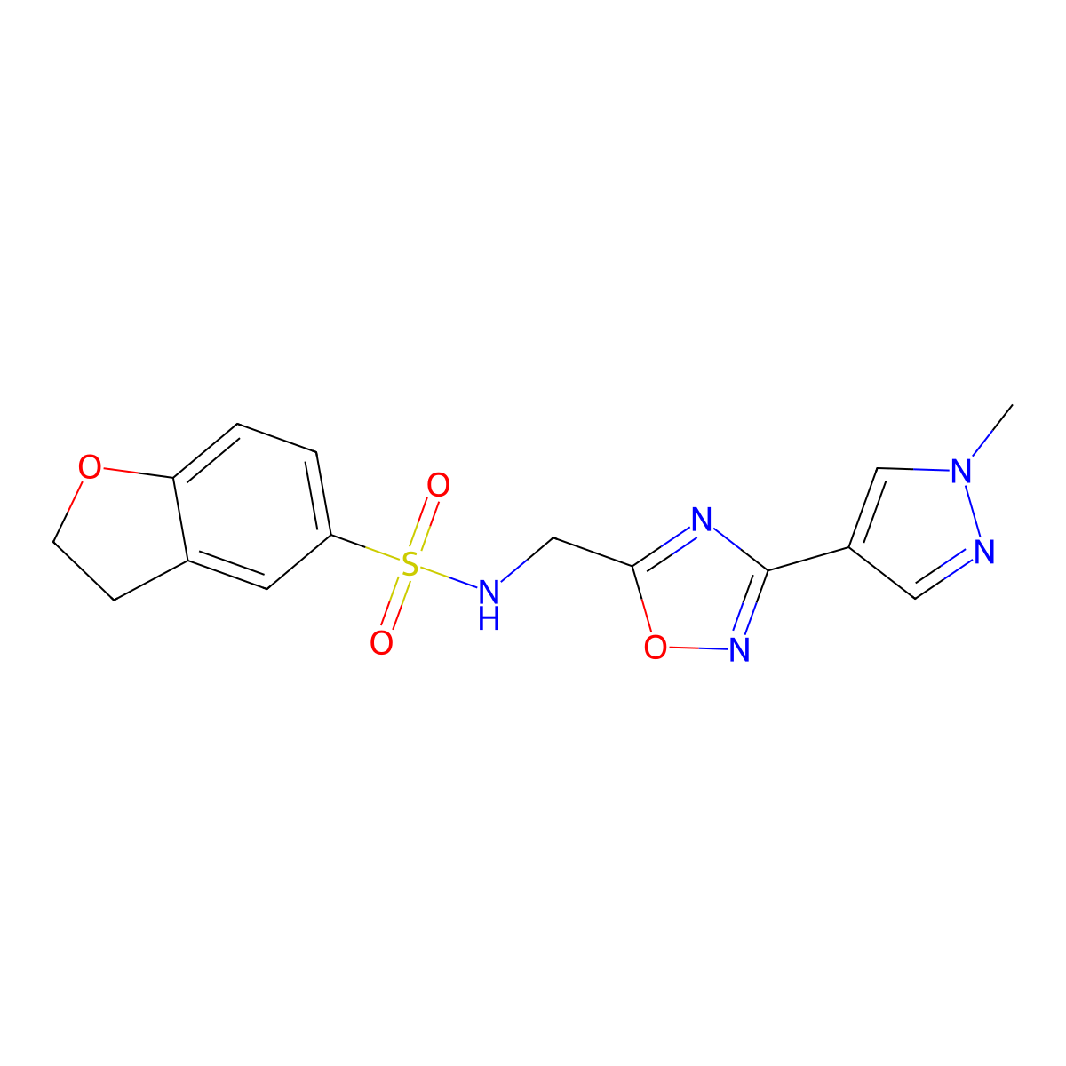 N-{[3-(1-methyl-1H-pyrazol-4-yl)-1,2,4-oxadiazol-5-yl]methyl}-2,3-dihydro-1-benzofuran-5-sulfonamide molecular structure, CAS 2097890-00-9