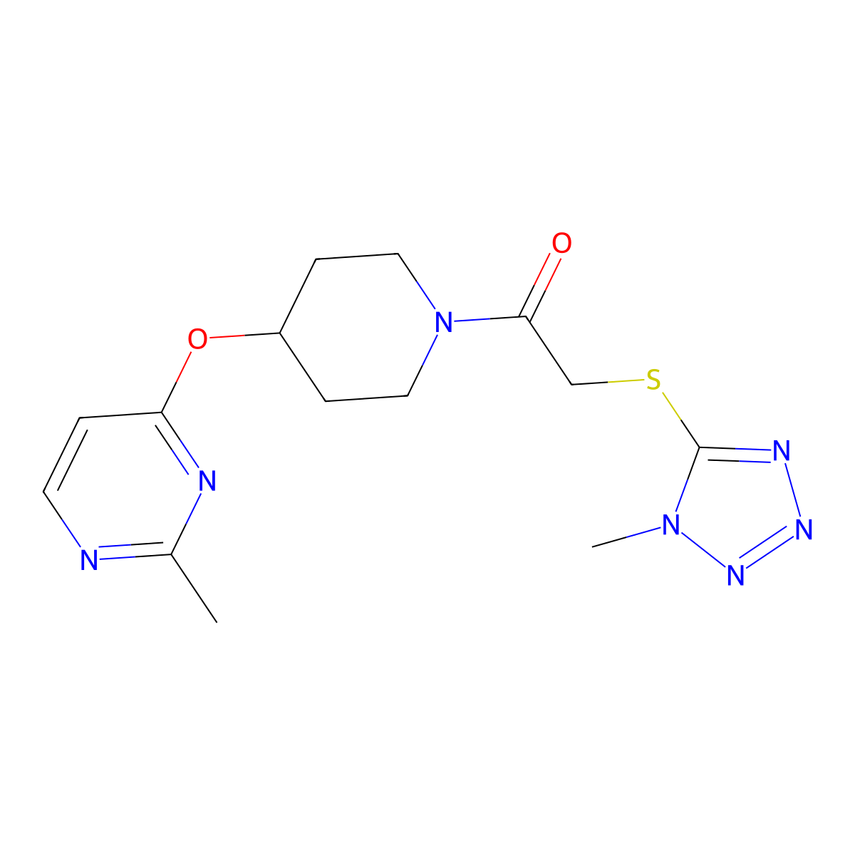 2-((1-methyl-1H-tetrazol-5-yl)thio)-1-(4-((2-methylpyrimidin-4-yl)oxy)piperidin-1-yl)ethanone molecular structure, CAS 2097890-05-4