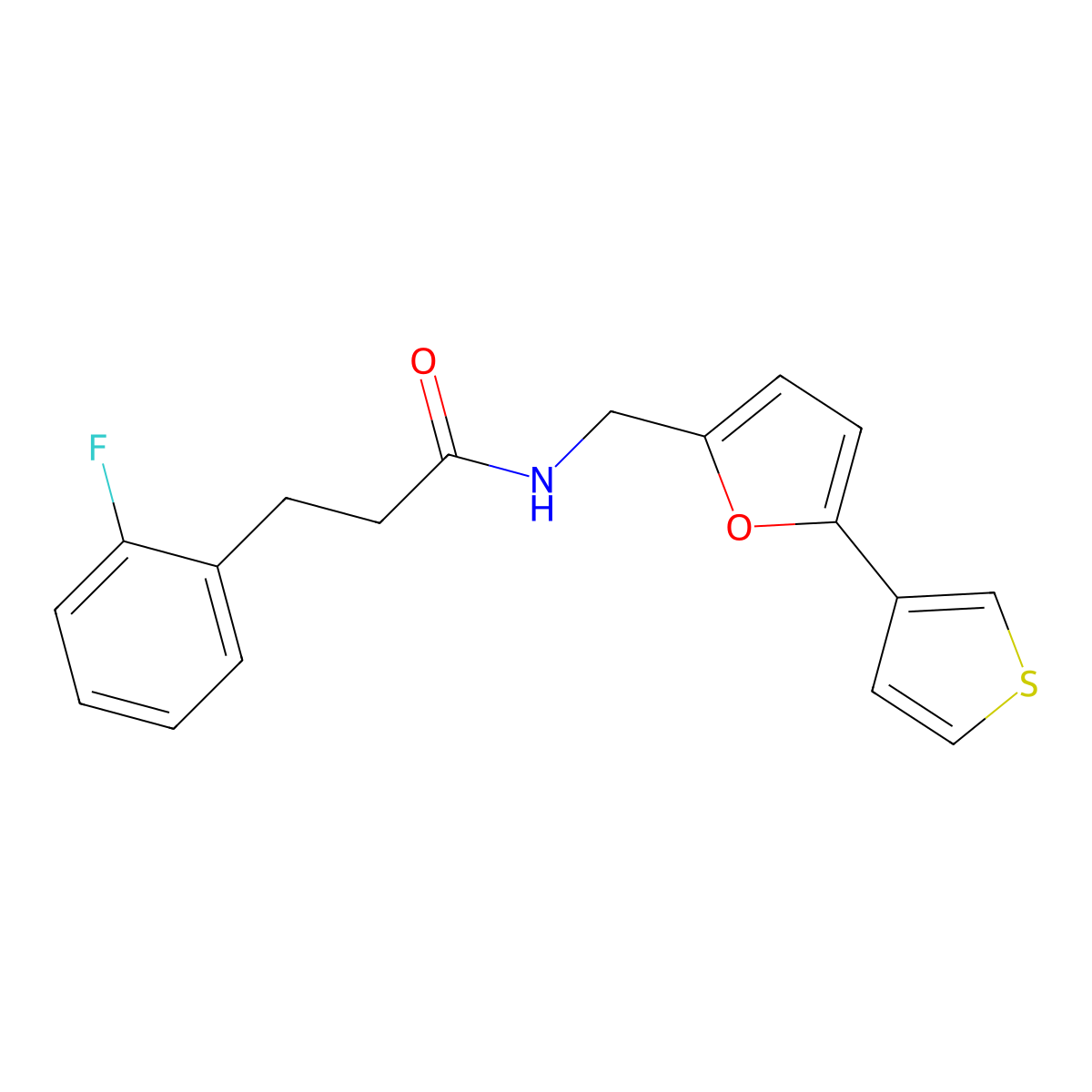 3-(2-fluorophenyl)-N-{[5-(thiophen-3-yl)furan-2-yl]methyl}propanamide molecular structure, CAS 2097890-11-2