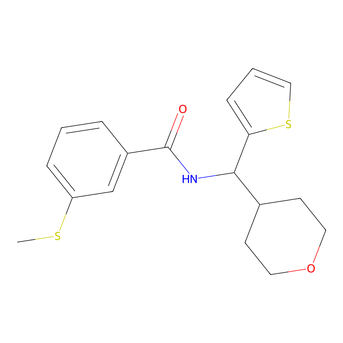 3-(methylsulfanyl)-N-[(oxan-4-yl)(thiophen-2-yl)methyl]benzamide molecular structure, CAS 2097890-18-9
