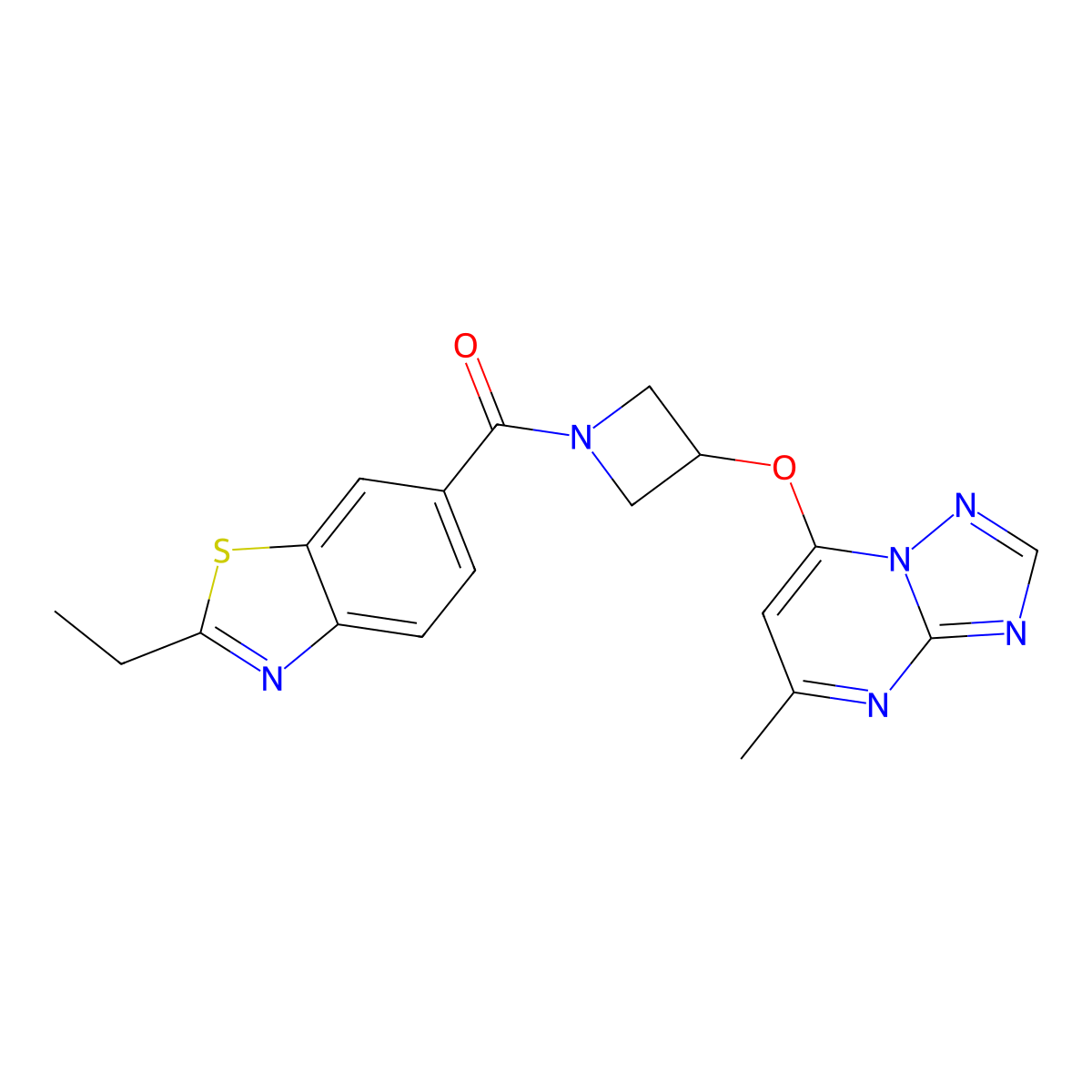2-Ethyl-6-[3-({5-methyl-[1,2,4]triazolo[1,5-a]pyrimidin-7-yl}oxy)azetidine-1-carbonyl]-1,3-benzothiazole molecular structure, CAS 2097890-21-4
