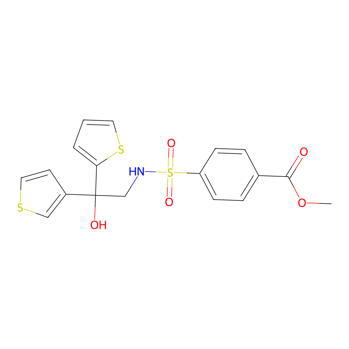 methyl 4-(N-(2-hydroxy-2-(thiophen-2-yl)-2-(thiophen-3-yl)ethyl)sulfamoyl)benzoate molecular structure, CAS 2097890-28-1