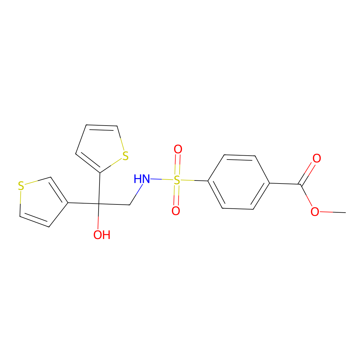 methyl 4-(N-(2-hydroxy-2-(thiophen-2-yl)-2-(thiophen-3-yl)ethyl)sulfamoyl)benzoate molecular structure, CAS 2097890-28-1