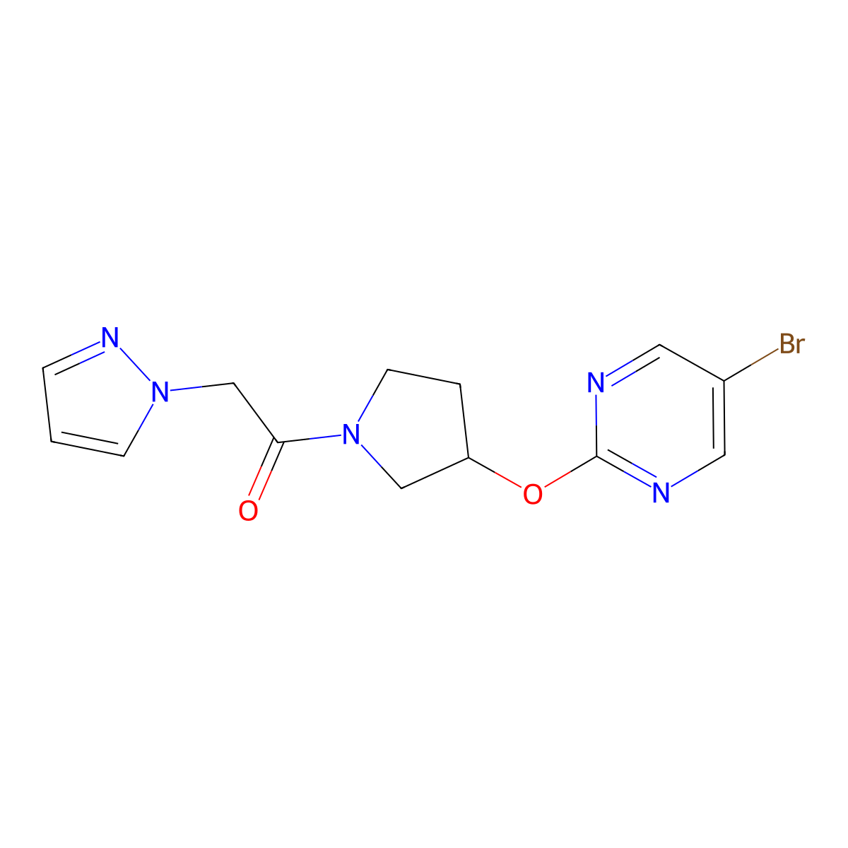 1-{3-[(5-bromopyrimidin-2-yl)oxy]pyrrolidin-1-yl}-2-(1H-pyrazol-1-yl)ethan-1-one molecular structure, CAS 2097890-35-0