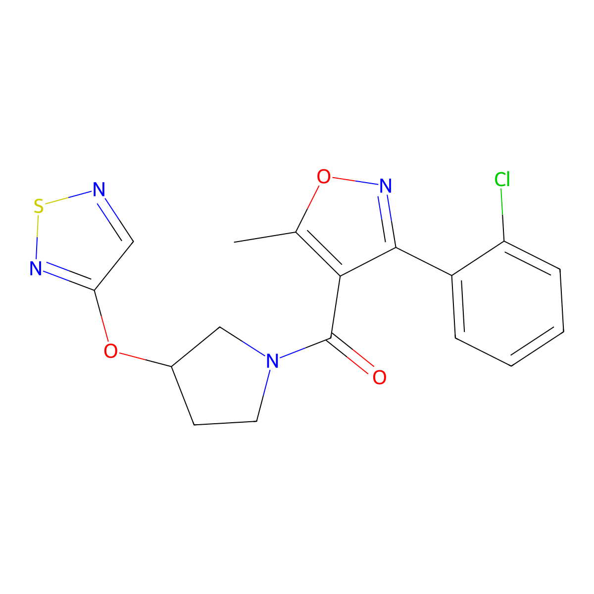 (3-((1,2,5-Thiadiazol-3-yl)oxy)pyrrolidin-1-yl)(3-(2-chlorophenyl)-5-methylisoxazol-4-yl)methanone molecular structure, CAS 2097890-46-3