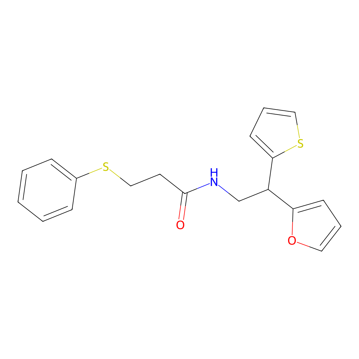 N-[2-(furan-2-yl)-2-(thiophen-2-yl)ethyl]-3-(phenylsulfanyl)propanamide molecular structure, CAS 2097890-58-7