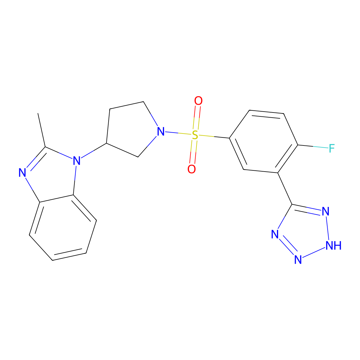 1-(1-((4-fluoro-3-(1H-tetrazol-5-yl)phenyl)sulfonyl)pyrrolidin-3-yl)-2-methyl-1H-benzo[d]imidazole molecular structure, CAS 2097891-13-7