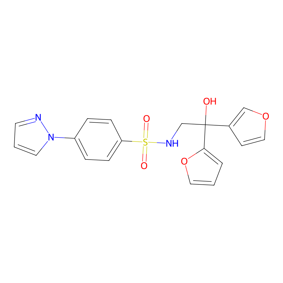 2-(furan-2-yl)-2-(furan-3-yl)-2-hydroxy-S-[4-(1H-pyrazol-1-yl)phenyl]ethane-1-sulfonamido molecular structure, CAS 2097891-17-1