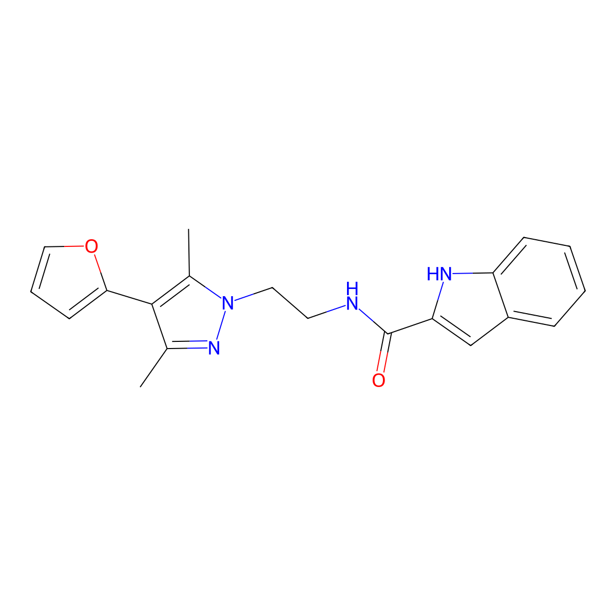 N-{2-[4-(furan-2-yl)-3,5-dimethyl-1H-pyrazol-1-yl]ethyl}-1H-indole-2-carboxamide molecular structure, CAS 2097891-35-3