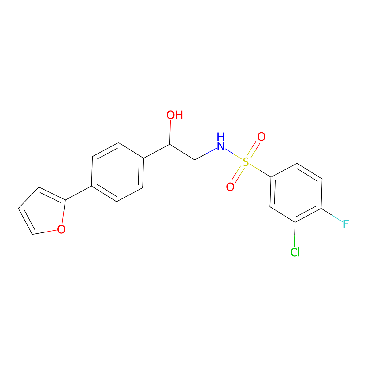 3-chloro-4-fluoro-N-{2-[4-(furan-2-yl)phenyl]-2-hydroxyethyl}benzene-1-sulfonamide molecular structure, CAS 2097891-45-5