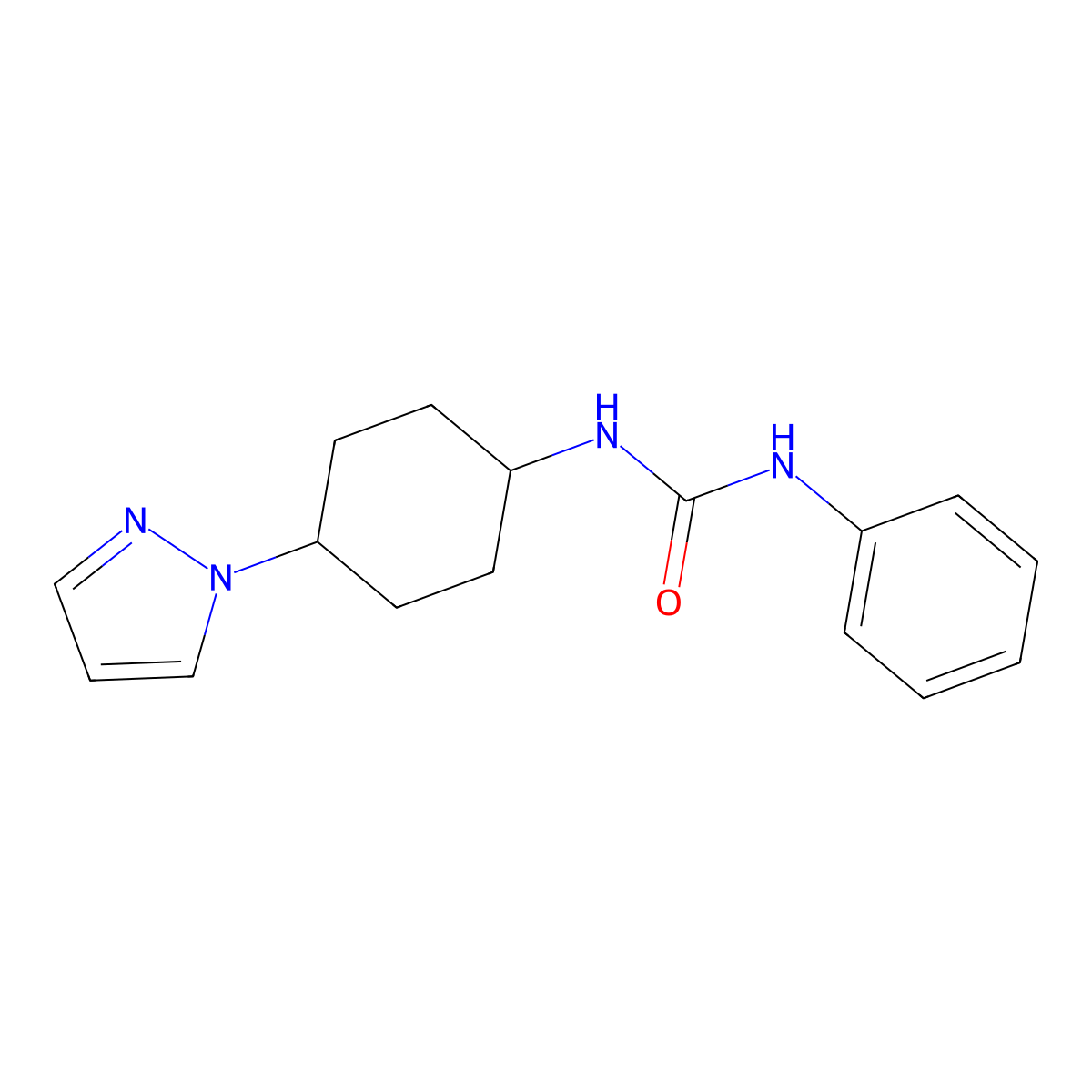 1-phenyl-3-[4-(1H-pyrazol-1-yl)cyclohexyl]urea molecular structure, CAS 2097891-64-8