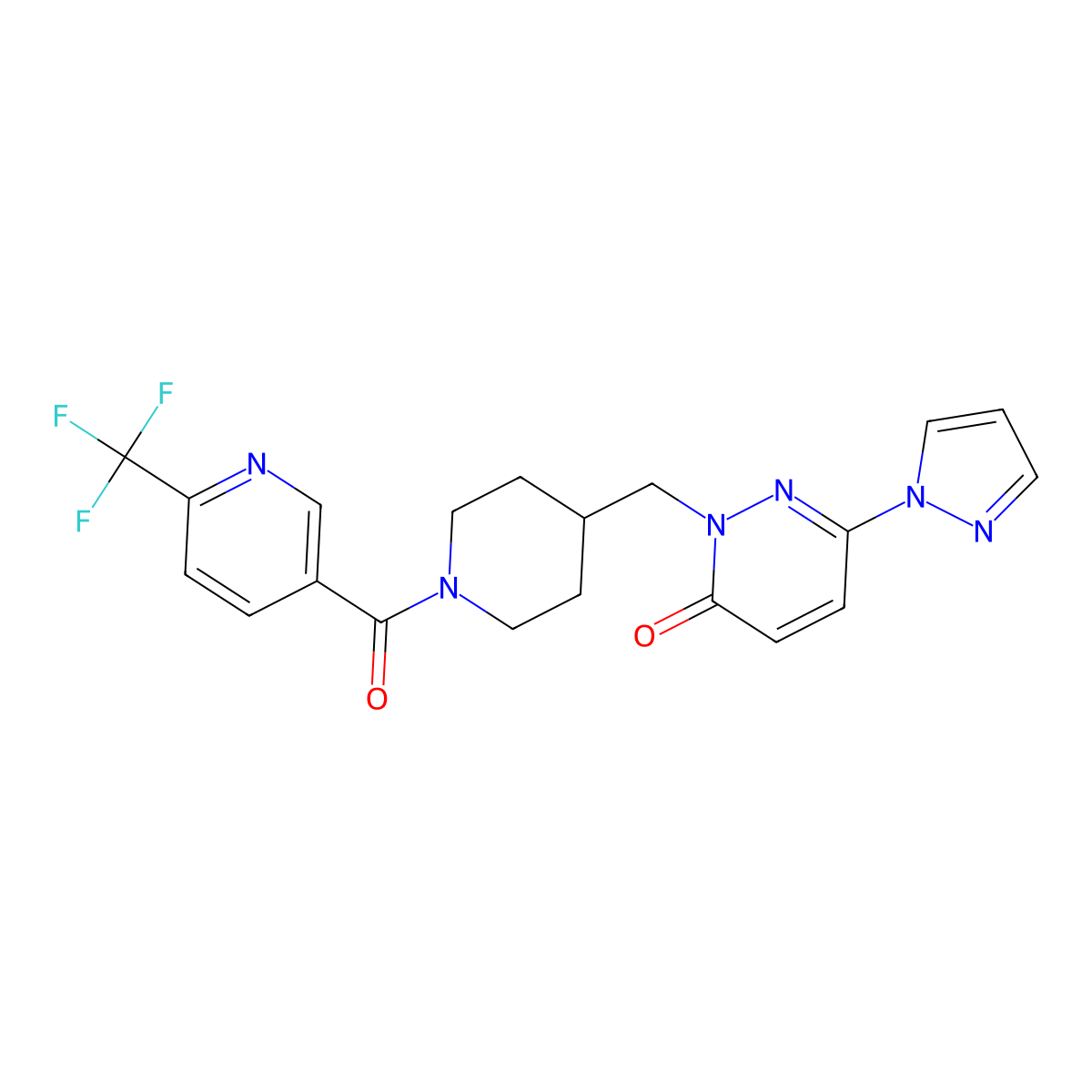 6-(1H-pyrazol-1-yl)-2-({1-[6-(trifluoromethyl)pyridine-3-carbonyl]piperidin-4-yl}methyl)-2,3-dihydropyridazin-3-one molecular structure, CAS 2097891-78-4