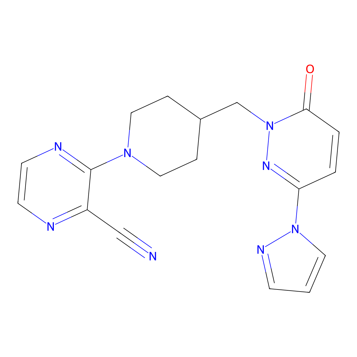 3-(4-{[6-oxo-3-(1H-pyrazol-1-yl)-1,6-dihydropyridazin-1-yl]methyl}piperidin-1-yl)pyrazine-2-carbonitrile molecular structure, CAS 2097891-83-1