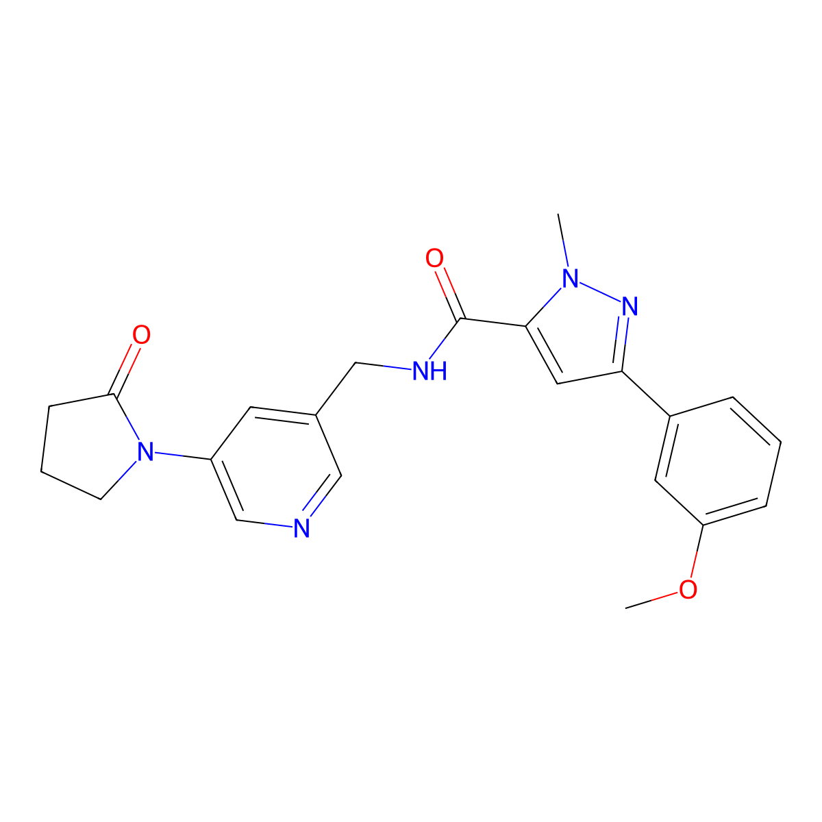 3-(3-methoxyphenyl)-1-methyl-N-{[5-(2-oxopyrrolidin-1-yl)pyridin-3-yl]methyl}-1H-pyrazole-5-carboxamide molecular structure, CAS 2097892-14-1