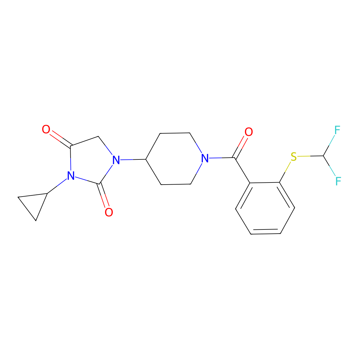3-Cyclopropyl-1-(1-{2-[(difluoromethyl)sulfanyl]benzoyl}piperidin-4-yl)imidazolidine-2,4-dione molecular structure, CAS 2097892-23-2