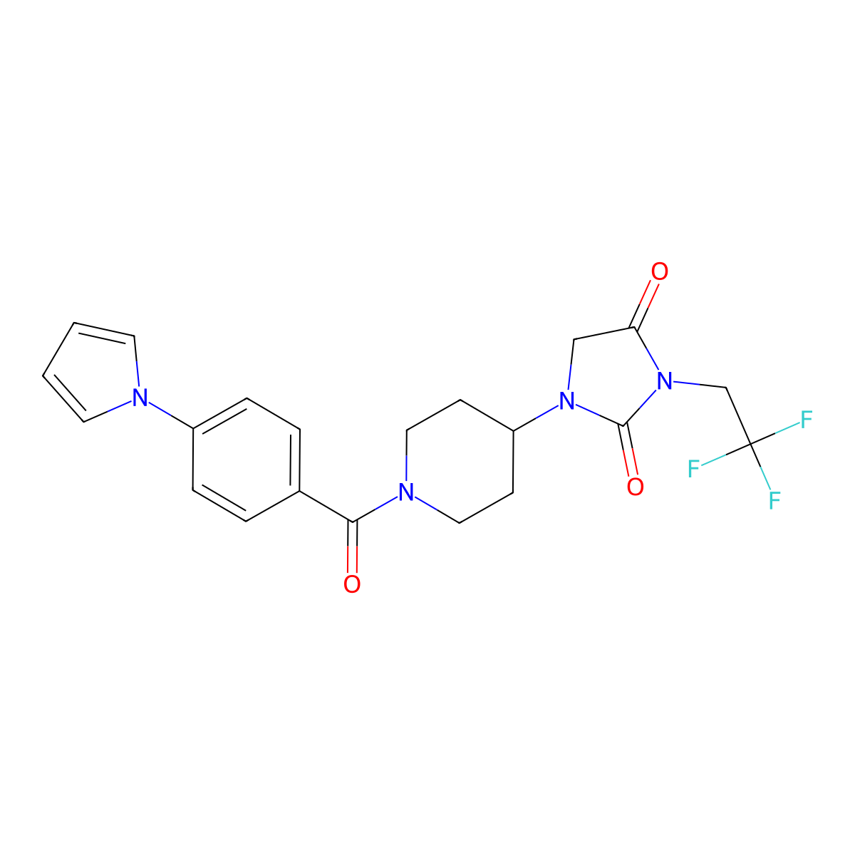 1-{1-[4-(1H-pyrrol-1-yl)benzoyl]piperidin-4-yl}-3-(2,2,2-trifluoroethyl)imidazolidine-2,4-dione molecular structure, CAS 2097892-45-8