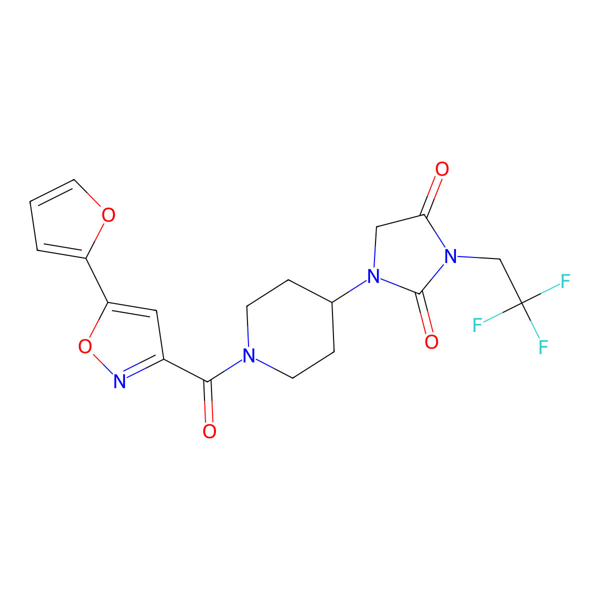 1-{1-[5-(Furan-2-yl)-1,2-oxazole-3-carbonyl]piperidin-4-yl}-3-(2,2,2-trifluoroethyl)imidazolidine-2,4-dione molecular structure, CAS 2097892-55-0