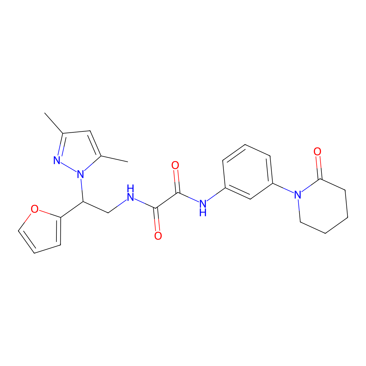 N1-(2-(3,5-dimethyl-1H-pyrazol-1-yl)-2-(furan-2-yl)ethyl)-N2-(3-(2-oxopiperidin-1-yl)phenyl)oxalamide molecular structure, CAS 2097892-73-2