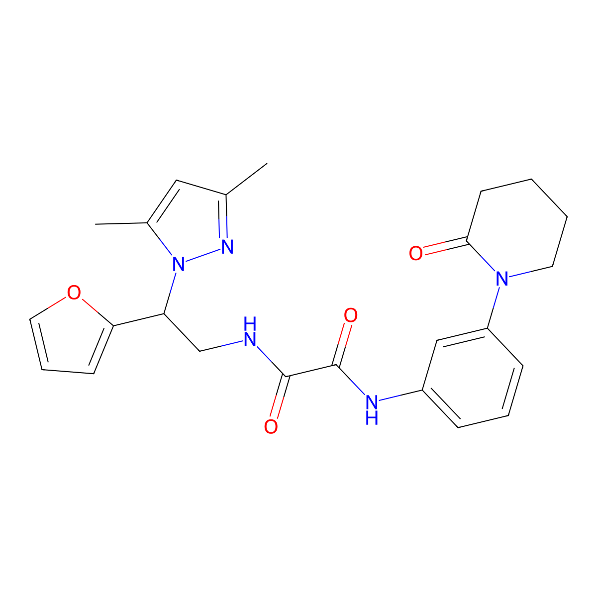 N1-(2-(3,5-dimethyl-1H-pyrazol-1-yl)-2-(furan-2-yl)ethyl)-N2-(3-(2-oxopiperidin-1-yl)phenyl)oxalamide molecular structure, CAS 2097892-73-2