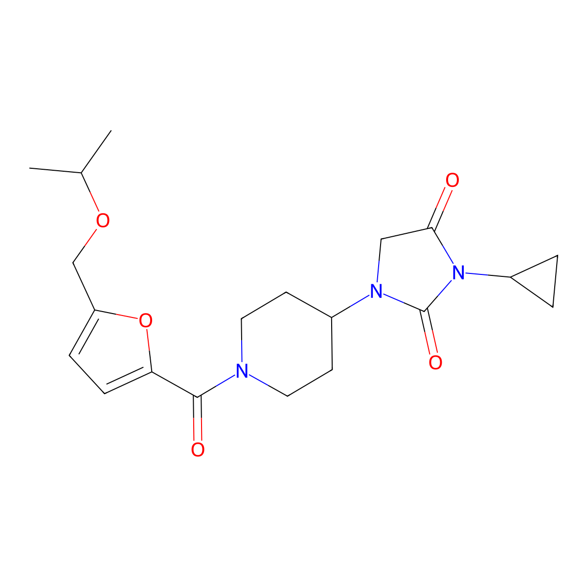 3-Cyclopropyl-1-(1-{5-[(propan-2-yloxy)methyl]furan-2-carbonyl}piperidin-4-yl)imidazolidine-2,4-dione molecular structure, CAS 2097892-83-4