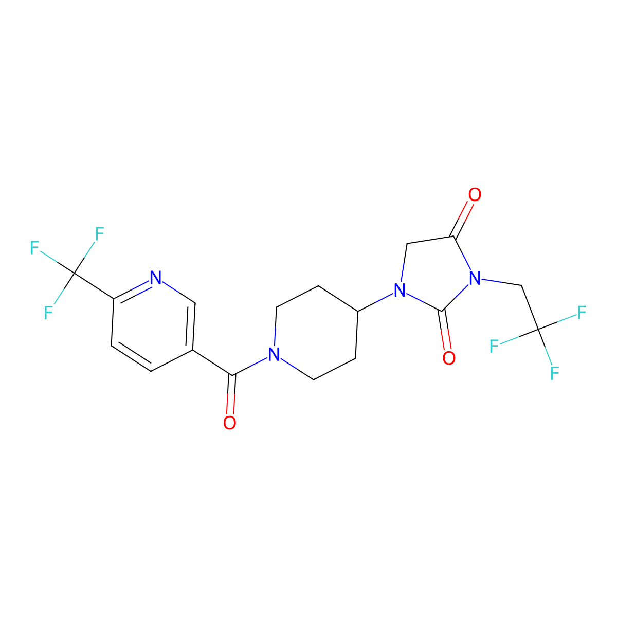 3-(2,2,2-Trifluoroethyl)-1-{1-[6-(trifluoromethyl)pyridine-3-carbonyl]piperidin-4-yl}imidazolidine-2,4-dione molecular structure, CAS 2097892-89-0