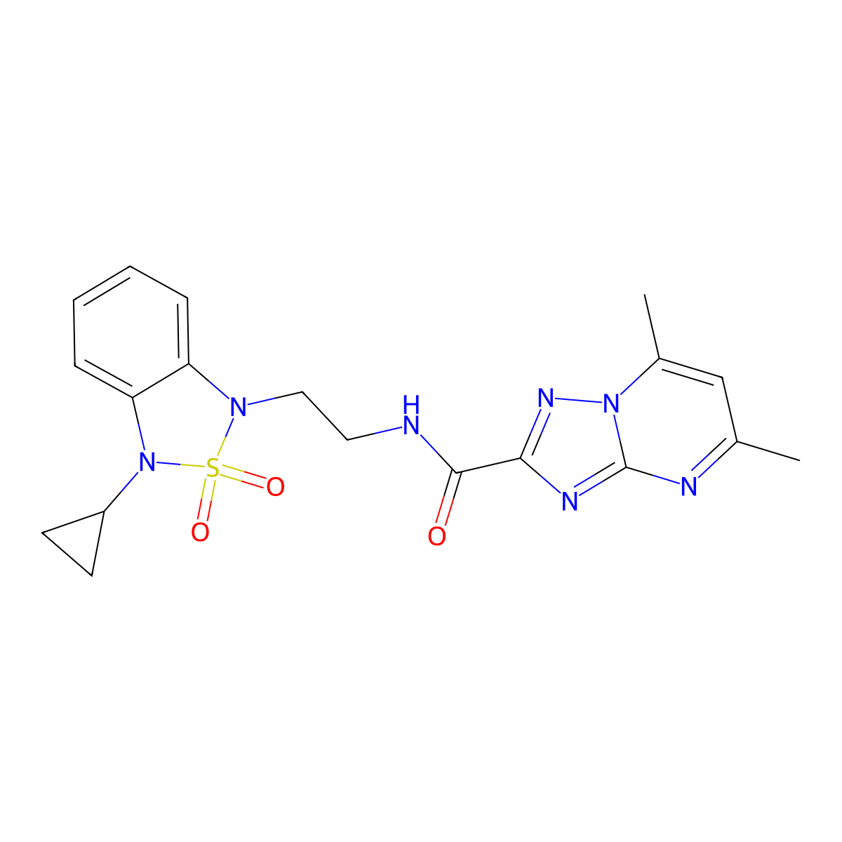 N-[2-(3-cyclopropyl-2,2-dioxo-1,3-dihydro-2lambda6,1,3-benzothiadiazol-1-yl)ethyl]-5,7-dimethyl-[1,2,4]triazolo[1,5-a]pyrimidine-2-carboxamide molecular structure, CAS 2097892-90-3